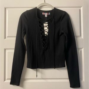 Black Lace-Up Ribbed Top